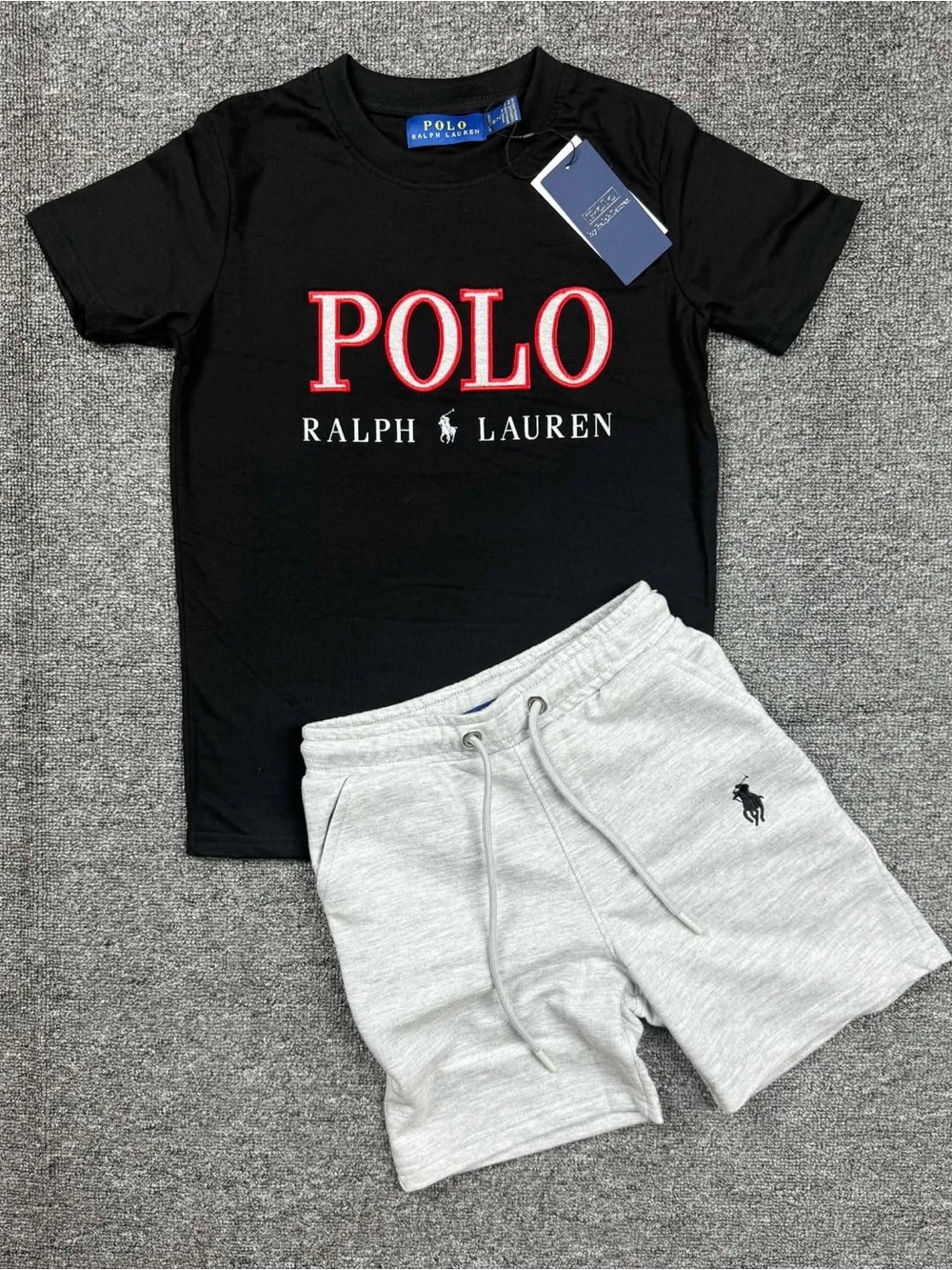 Polo by Ralph Lauren Black Tee with Gray Drawstring Shorts